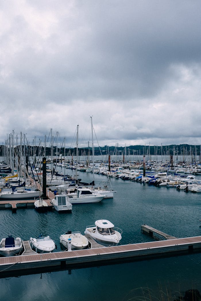 services-04 Cloudy marina harbor with docked boats and yachts under a moody sky.